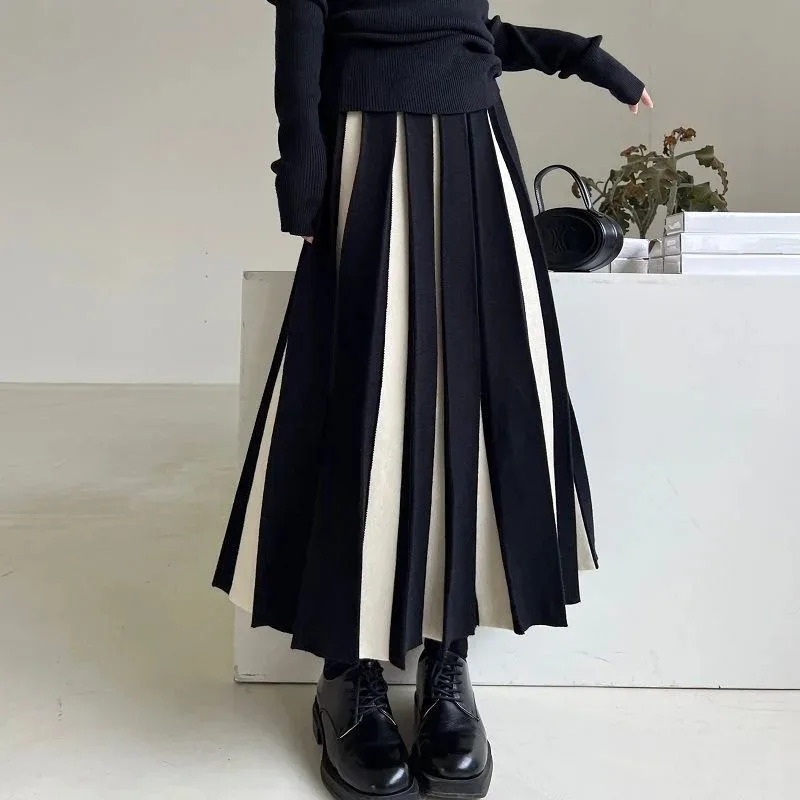 Fashion Patchwork Knitted Long Skirt Women 2024 Spring High Waist Pleated Skirt Woman Chic Striped Mixed Color Midi Skirts Mujer