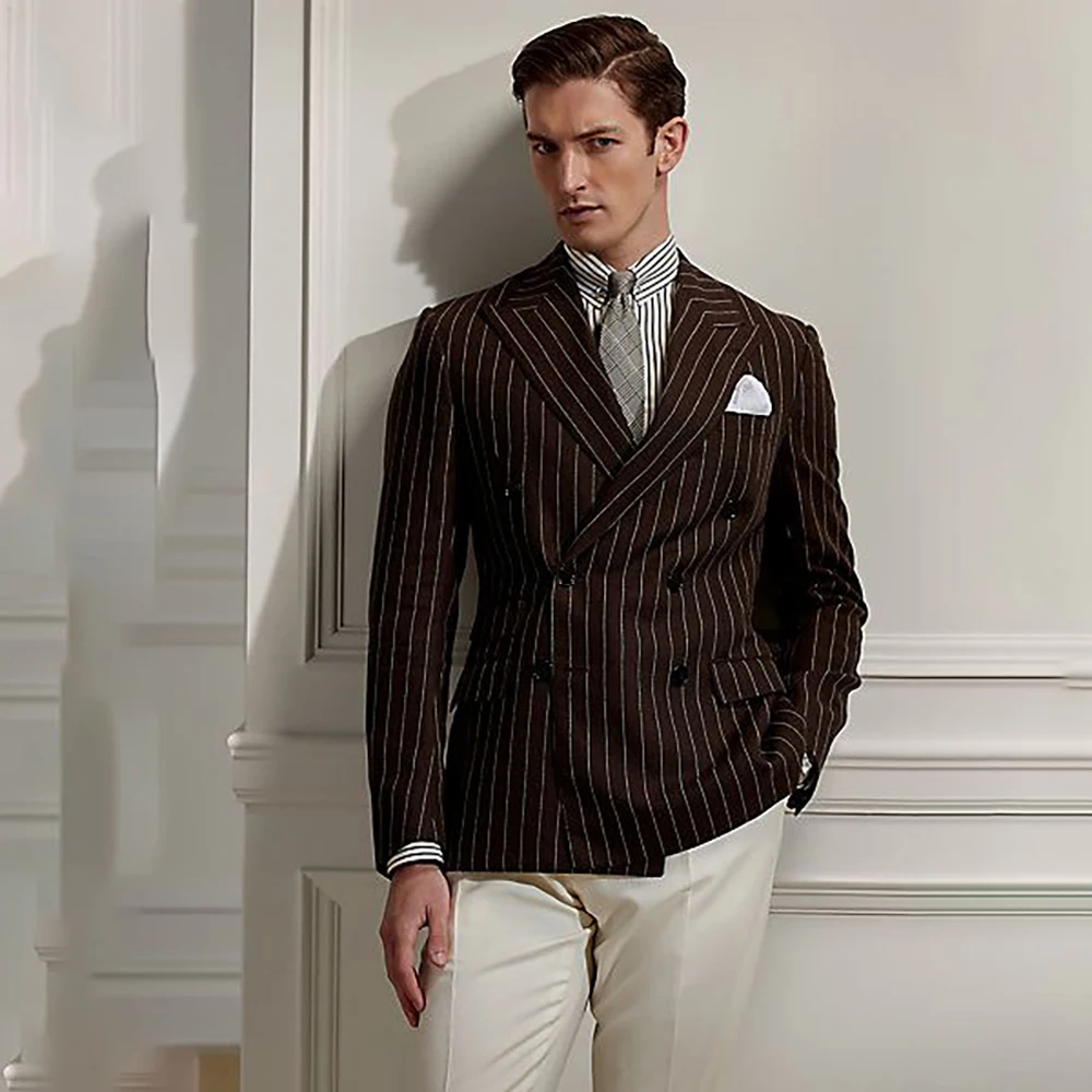 

Bespoke Men's Suits Brown Pinstripe Double Breasted Blazer Slim Fit Business Smart Casual 2 Piece Jacket Pants Outfits Clothing