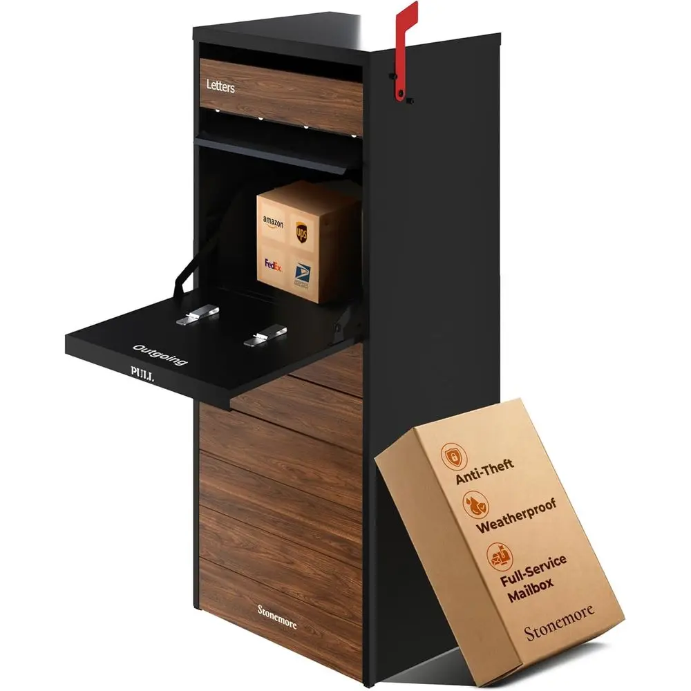 

Cali Compatible Mailbox, Classic Black/Walnut Package Mailbox, Anti-Thet Locking Parcel Drop Box or Porch Or Curbside, Large Mai