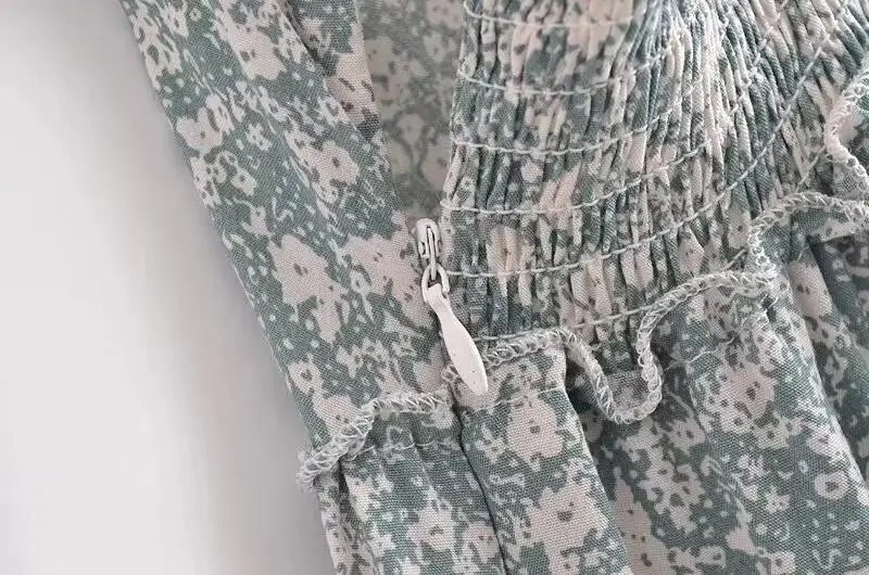 여름 스트랩 캐미솔 미니 드레스 여성 프린트 그린 백리스 A라인 캐주얼 드레스