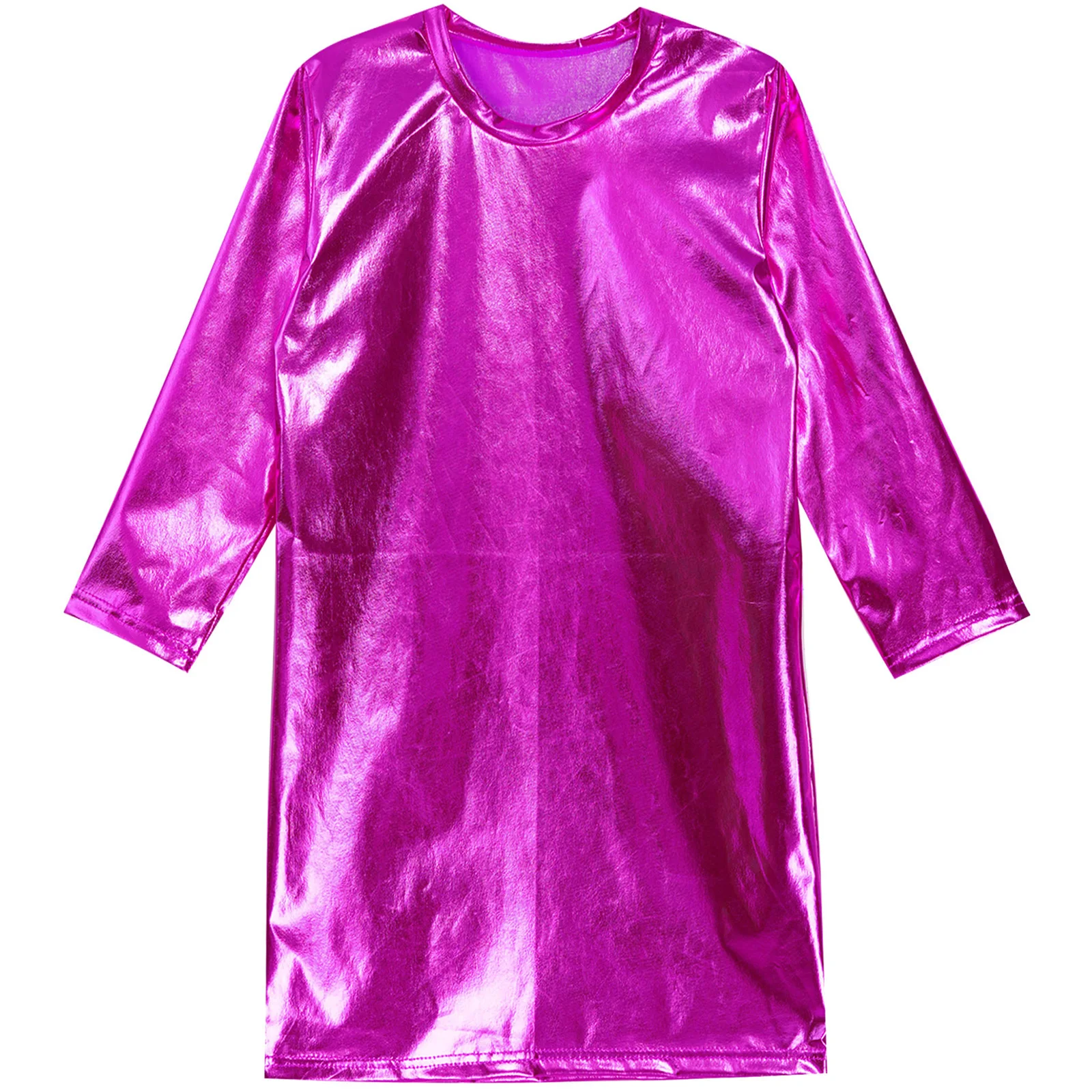 Kids Girls Dance T-shirt Tops Performance Costume Round Neck Long Sleeves Metallic Shiny T-shirt Dress