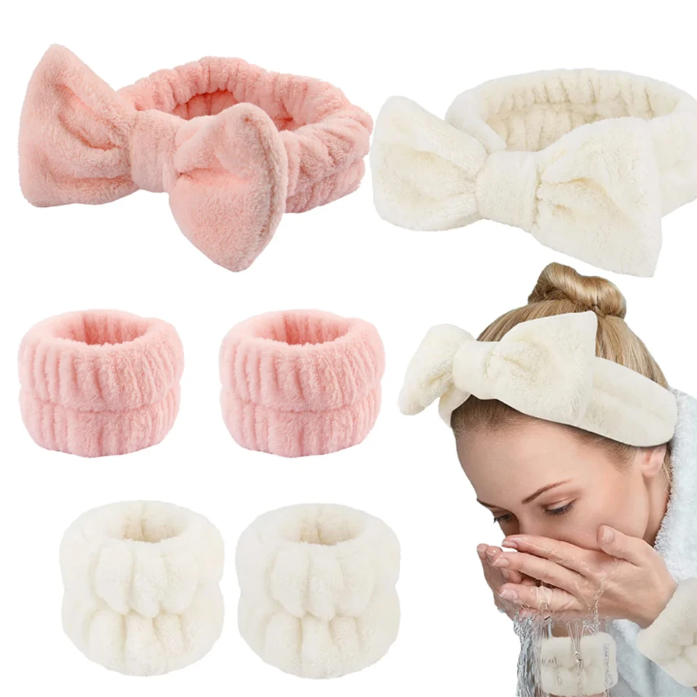 Wash Face Headbands For Women Coral Fleece Hair Bands Cuff Waterproof Bands Absorbent Wristbands Head Band Hair Accessories Set