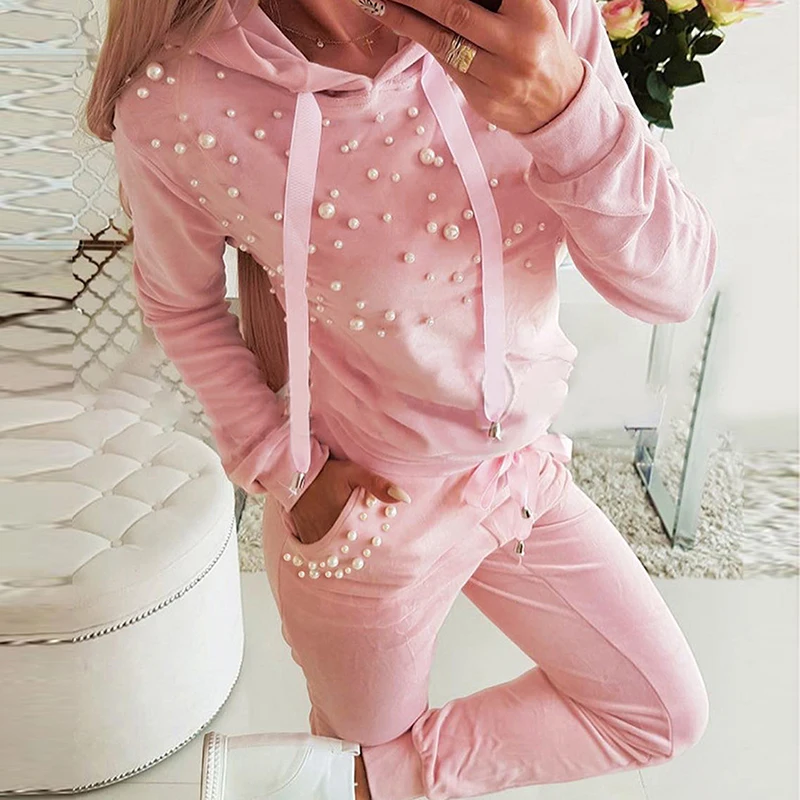 Autumn Winter Women\'s Hooded Top and Pencil Pants Suit Casual Long Sleeved Slim Outfits Fashion Pearl Patchwork Two Piece Sets