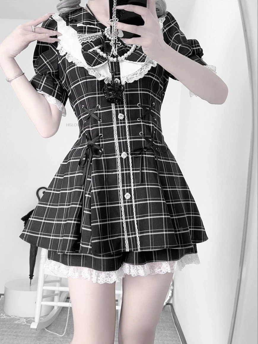 Kawaii Short Sleeve Skirt Sets Women Y2k Aesthetic Slim High Waist JK Dress Suit Gray Check Chic College Style 2 Piece Outfits