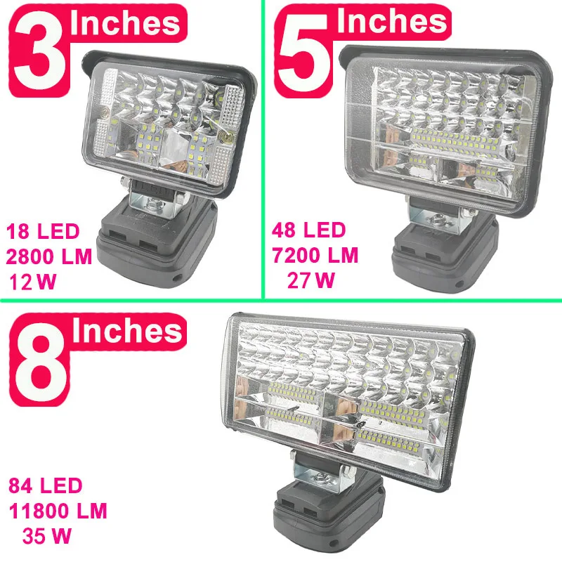 carro led luzes de trabalho lanternas tocha eletrica holofotes para makita lomvum zhipu hongsong jingmi 18v li ion battery adp05 bl1830 01