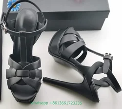 여성 클래식 스타일 플랫폼 샌들, 단색 스틸레토 힐, 관음증 발가락 하이힐, 여름 패션 T-묶인 10cm/14CM 힐 샌들