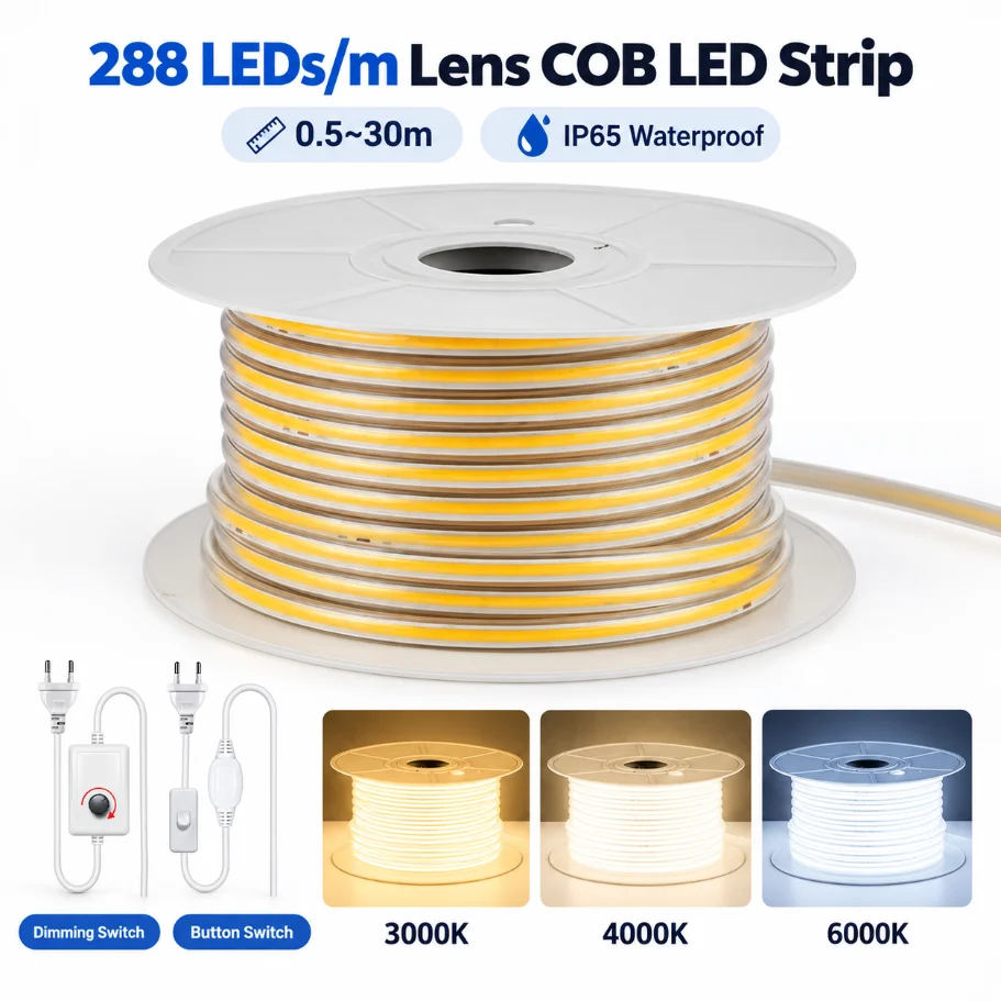 0.5-30m Waterproof Lens COB LED Strip 288 LEDs/m Flexible Tape Light with EU Plug Dimming/Button Switch for Home Garden Decor