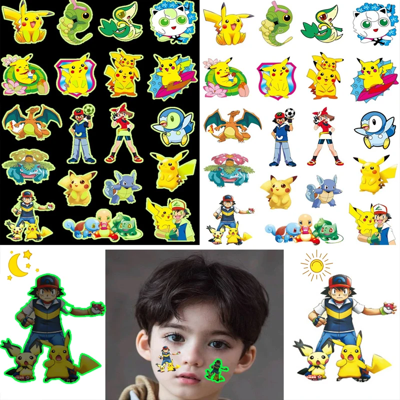 8pcs Luminous Pokemon Pikachu Cute Tattoo Stickers Arm Face Glowing Body Art Children Temporary Tattoo Kids Gift Party Supplies