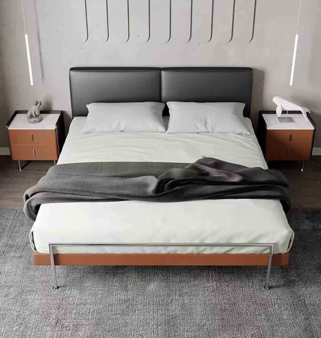 

-Echtlederbett Minimalistisches Modernes Schlafzimmer 53.barett 1,8 M Nordisches Retro-Stil-Bett