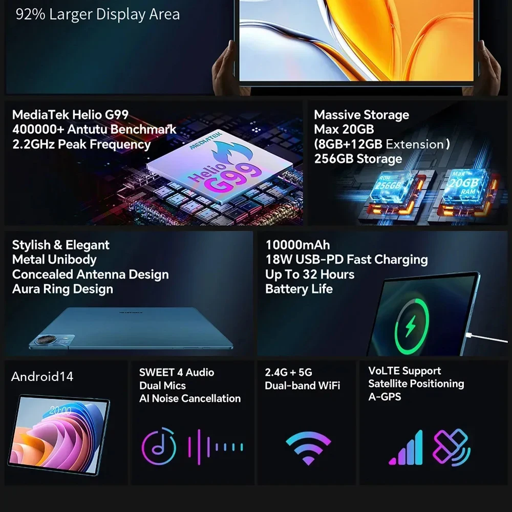 Novo tablet teclast t70 g99 octa-core 14 polegadas fhd ips display 8gb ram 256gb rom android 14 wifi5g 10000mah 13mp + 8mp 4g sim duplo