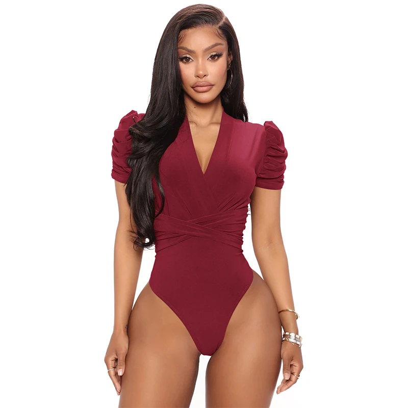 Women\'s Bodysuits Short Sleeve V Neck Sexy Solid Color Cross Sleeved Tube Top Triangle Jumpsuit One Piece Rompers