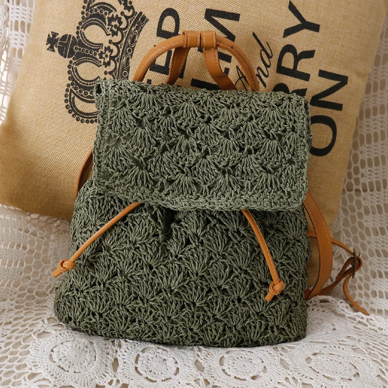 Summer Straw Backpack Bag for Women Woven Handmade Handbag Large Capacity Lady Tote Vacation Beach Bag Shoulder Crossbody Bag