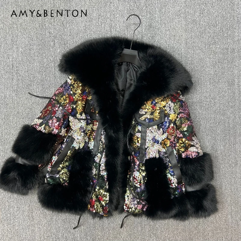 2025 Winter New Ladies Faux Fox Fur Coat Fashion Snowflake Sequins Korean Style Loose Thickened Warm Furry Jacket Overcoat Women
