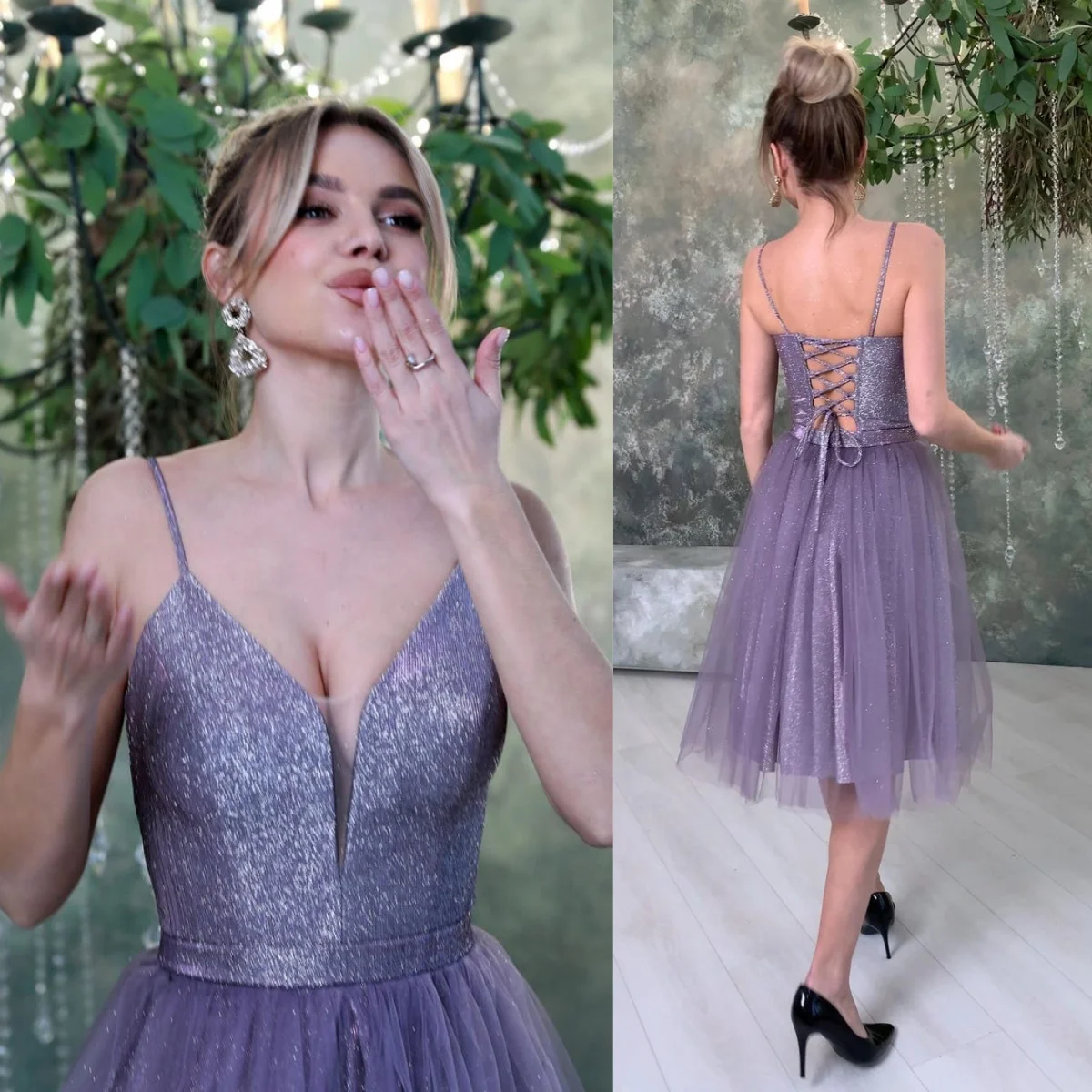 

Sparkly Spaghetti Straps Christmas Evening Dresses V-neck Lace-up Backless New Year Party Gowns Glitter Knee-Length Prom Dress