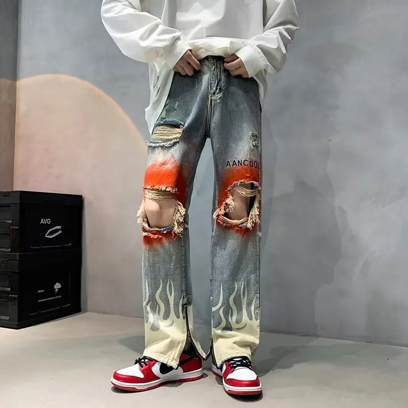 Harajuku Ripped Jeans Hip Hop High Street Trend Spray Painted Ripped Jeans Men Y2k Pop Bottoms Flame Zipper Slit Wide Leg Pants