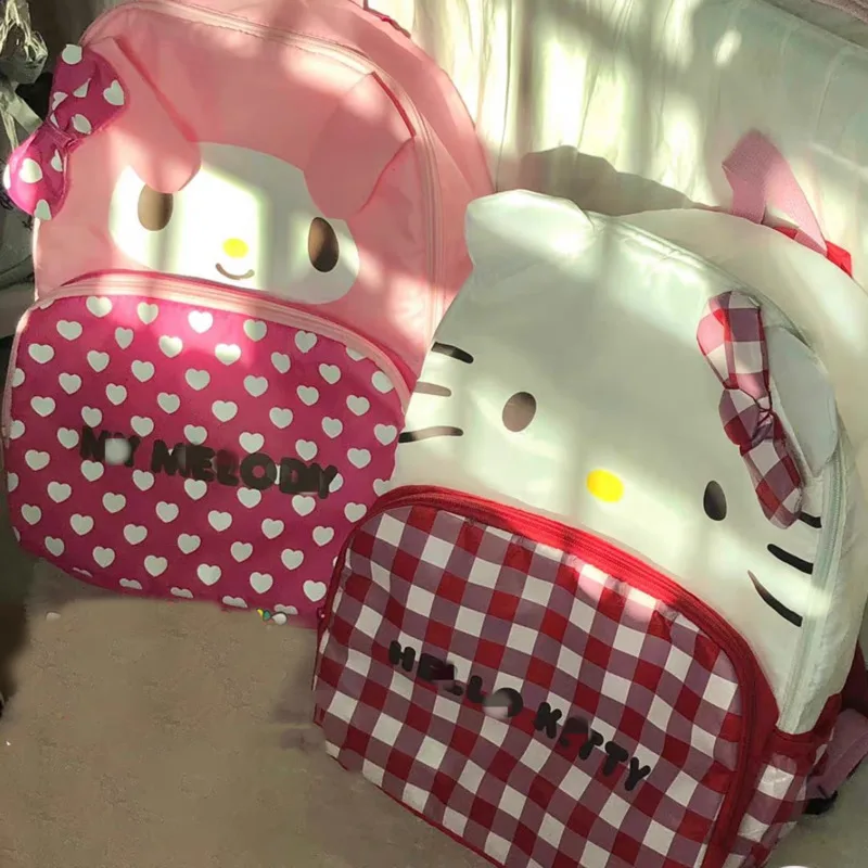 Sanrio Hello Kitty Cute Cartoon Plaid Backpack Y2k Women Fashion Large Capacity Kawaii Schoolbag Casual Shoulder Bags My Melody