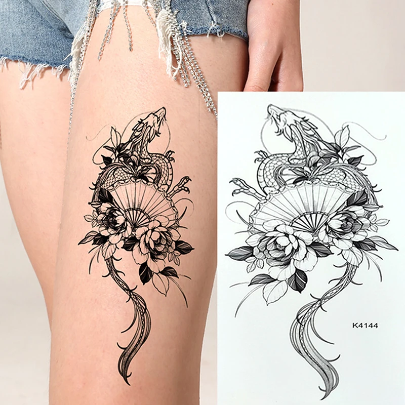 Temporary Tattoo Sketch Line Black Snake Dragon Rose Flowers Fake Tattoo Sticker Arm Sleeve Thigh Sexy Women Body Art Waterproof