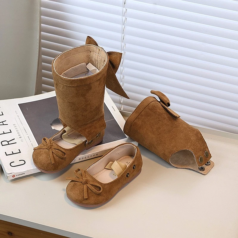 

Милые сапоги принцессы для девочек «Два в одном», балетные туфли на плоской подошве, детские повседневные кожаные сапоги, модные детские классические сапоги с бантом