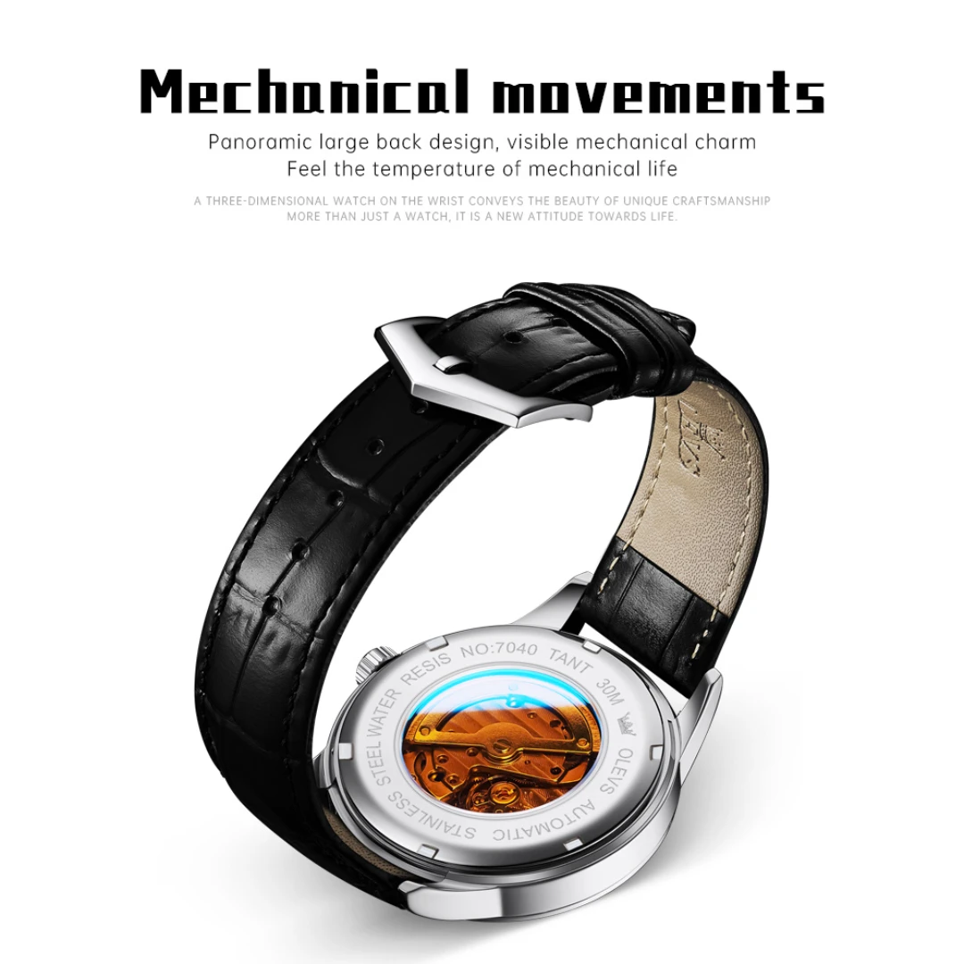 OLEVS 7040, модные механические часы, подарок, круглый циферблат, ремешок для часов из натуральной кожи, наручные часы с фазой Луны, светящийся календарь