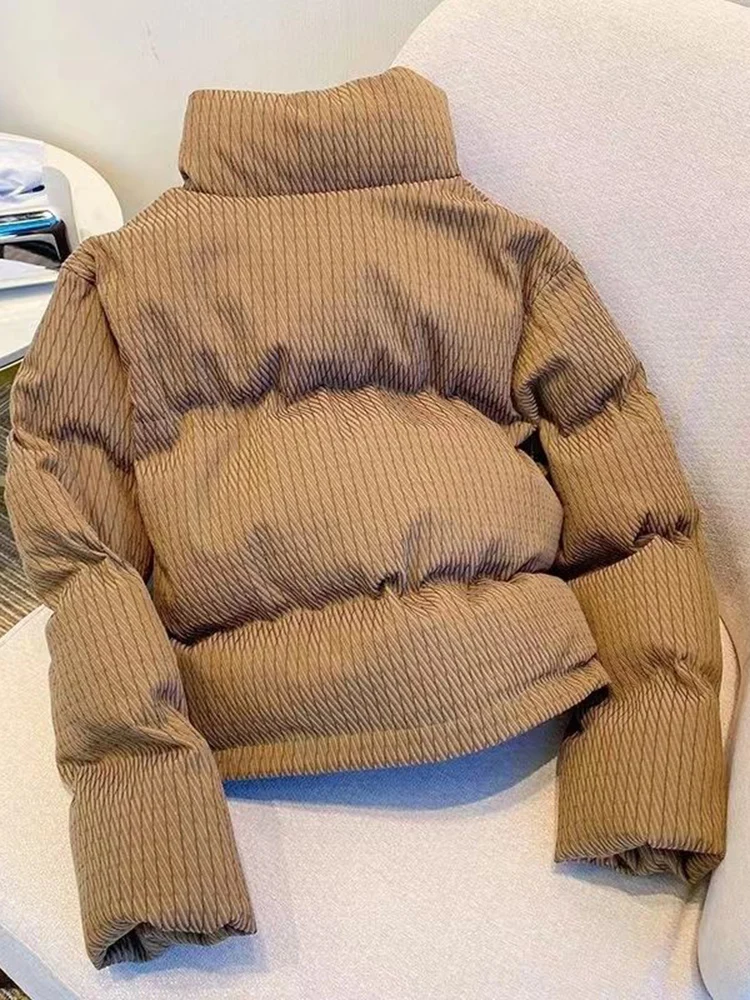 Gestreepte Vintage Winter Gezwollen Jas Vrouwen Lange Mouw Dikke Warme Katoenen Casual Koreaanse Stand Kraag Vrouwelijke Y2k Tops