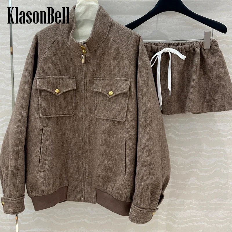 

9.12 KlasonBell Wool Herringbone Letter Embroidery Pocket Zipper Men Women Same Stand Collar Jacket Or Loose Short Skirt Set