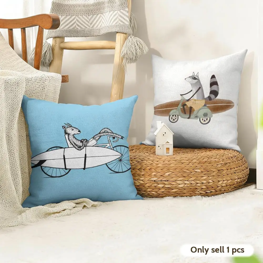 Funny Surfing Animals Cute Cushion Cover Natural Linen Organic Fabric Double-Sided Printing Room Sofa Decor Pillow Case
