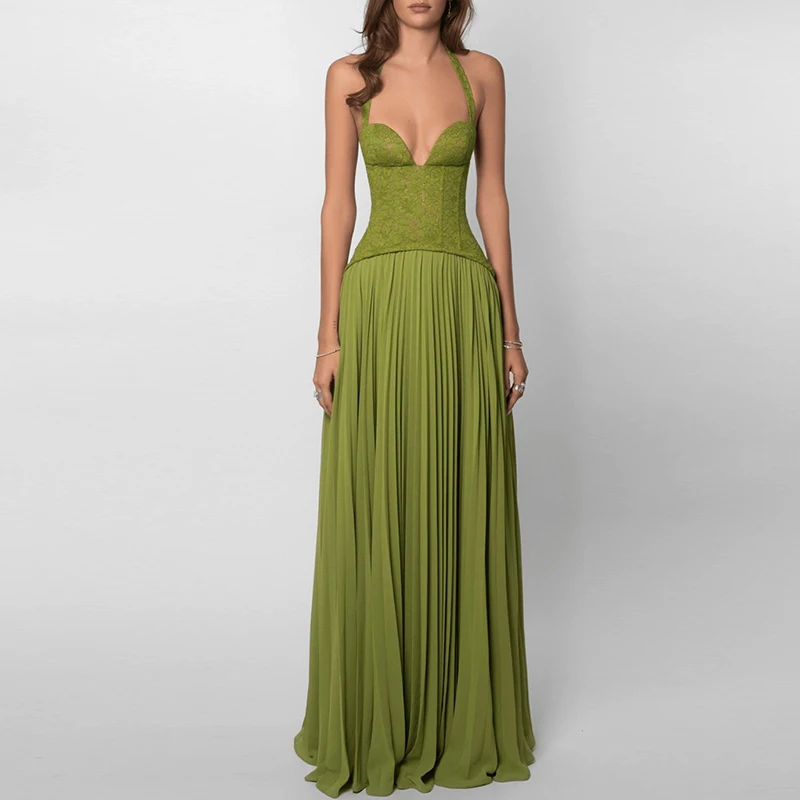 Groene Sexy Laag Uitgesneden V-hals Hemdje Jurk 2026 Lente Zomer Backless Hollow Out Slanke Gewaad Jurk Vakantie Mouwloze Vrouwen Jurk