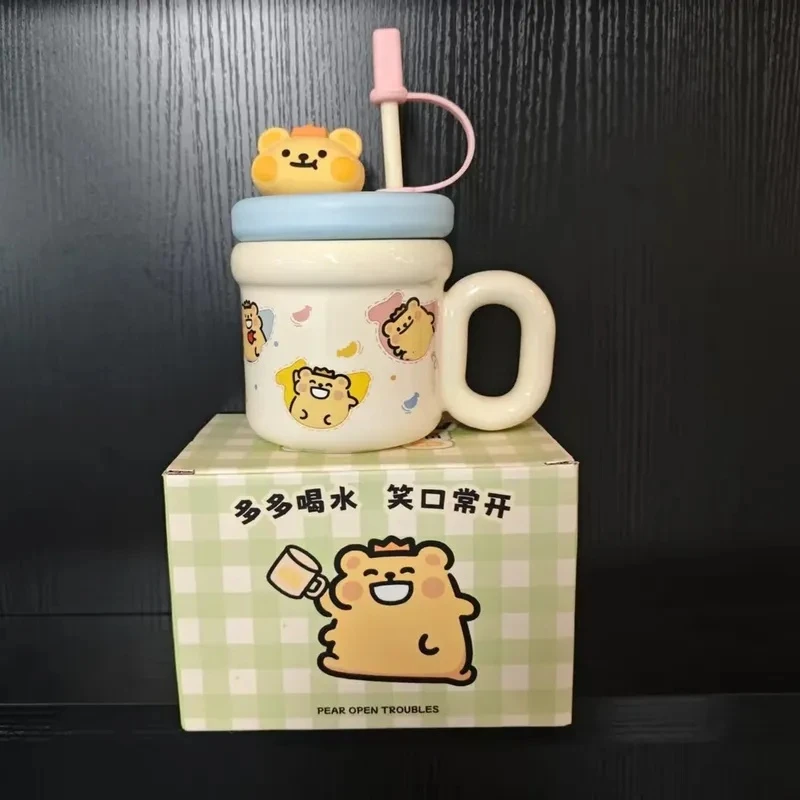 

Cute Cartoon Little Bear Bug Ceramic Mug with Lid Couple Water Cup High Aesthetic Value for Office And Home Tea Separation Gift