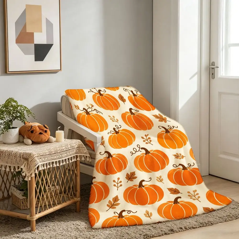 Large Cream Suitable for Cozy Flannel Throw Blanket - Soft Warm Bedspread with Cream Background & Contemporary Pumpkin Pattern, Large Bed Sofa Blanket for Fall Decor, Bedspread for Living Room, Travel, Camping, Bedding