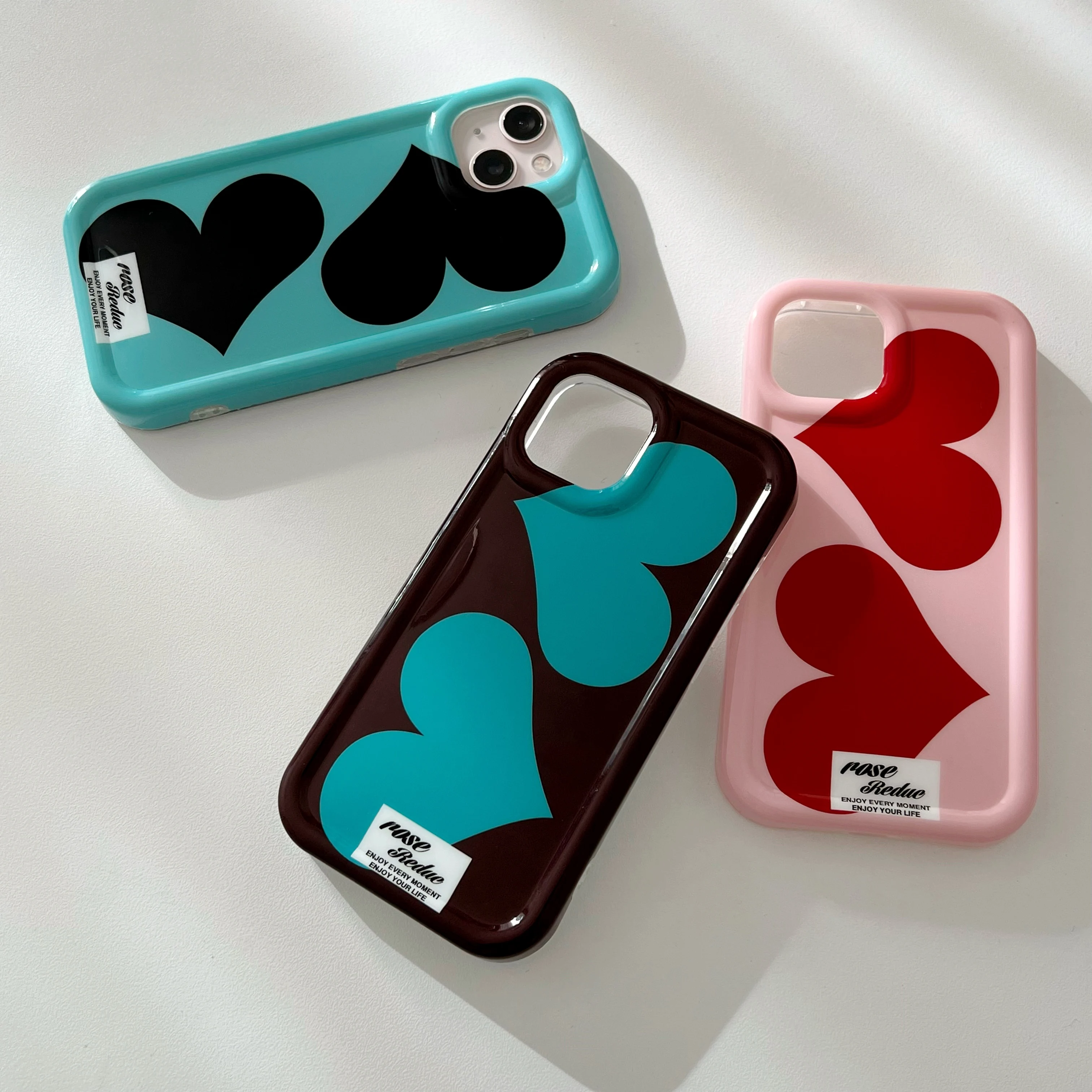 Korean INS Rose Pink Double Hearts Fashion Chic Case for iPhone 15 14 13 Pro Max Plus Back Phone Cover for 12 11 Pro Max Capa
