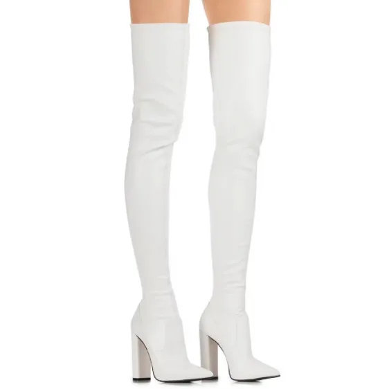 

White Matte Leather Chunky Heels Long Boots Big Size 46 Women's Over The Knee Boots Comfortable Shoes