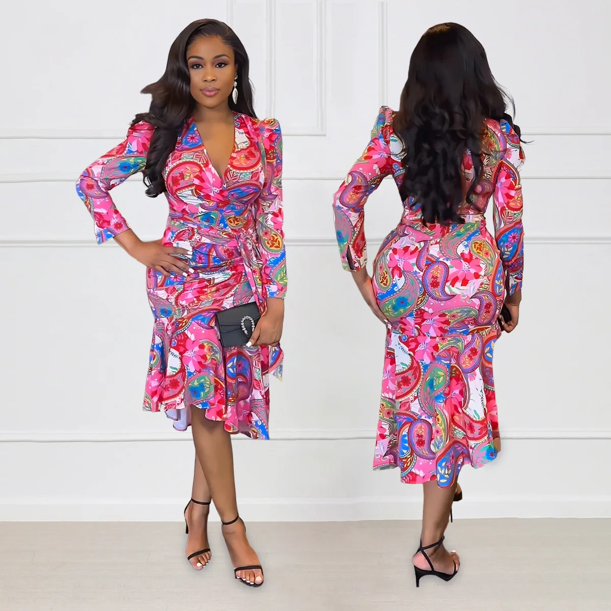 

Knee Length Dress Women Dresses Irregularity Vestidos Streetwear V Neck Full Sleeve Print Elegant Splice Y2k Lace Up High Waist