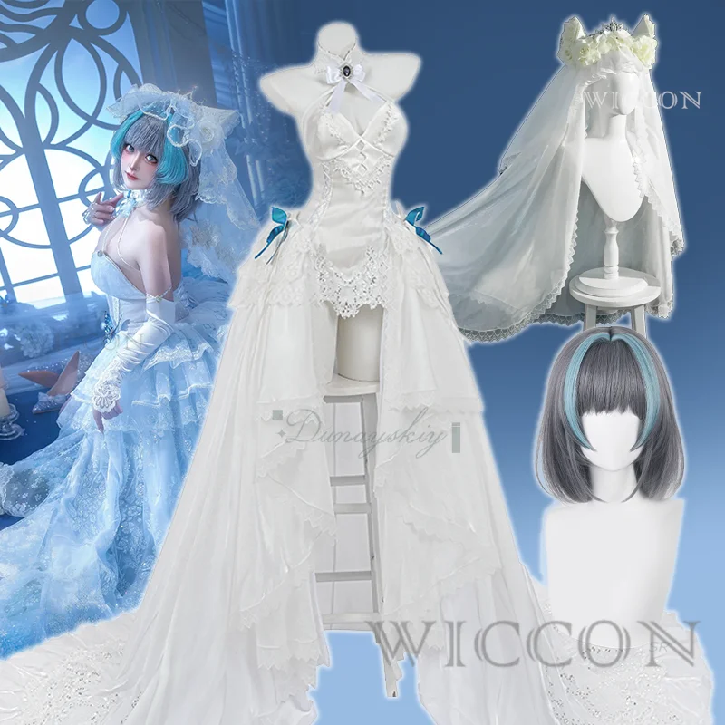 

Чеширское свадебное платье, карнавальный костюм, вуаль, аниме Azur Lane, милая униформа Лолиты, парик, полный комплект для девочек, женщин, вечеринка на Хэллоуин