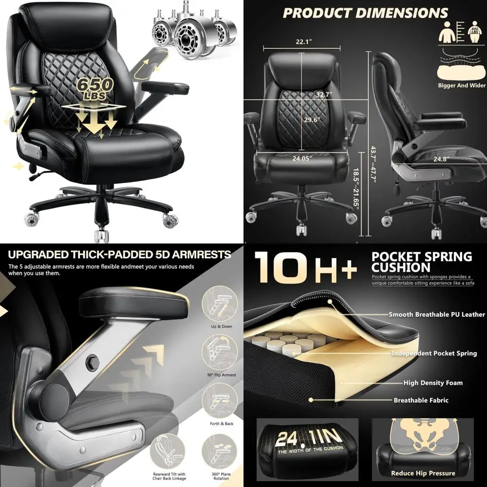 

600lbs heavy duty office chair with 5d flip arms, big and tall office chair with pocket spring cushion, large high back with adj