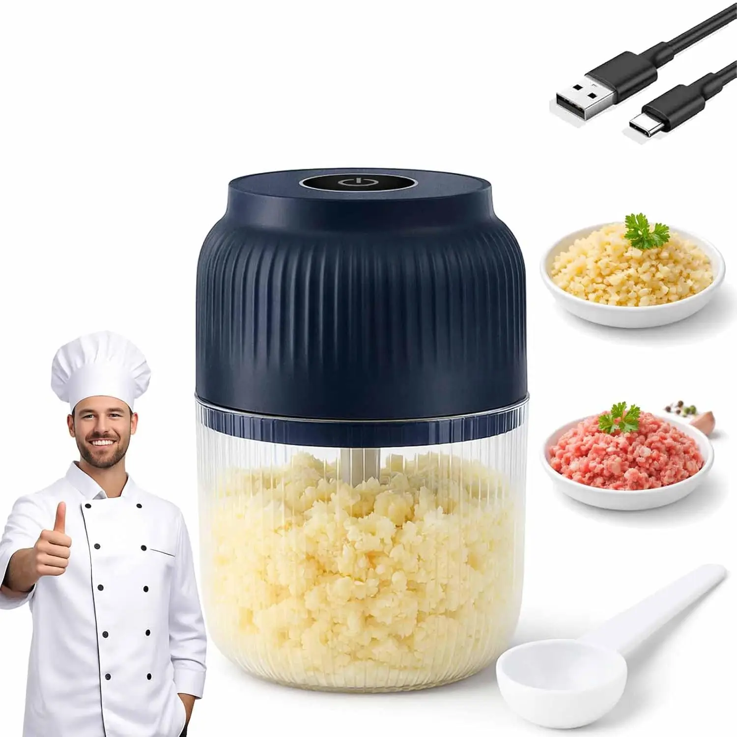Electric Garlic Chopper, Mini Portable Veggie Chopper, 250ML Garlic Grinder Masher Onion Grinder, Blender to Vegetable, Wireless Food Processor for Ginger, Chili, Fruit, Meat, etc view 2