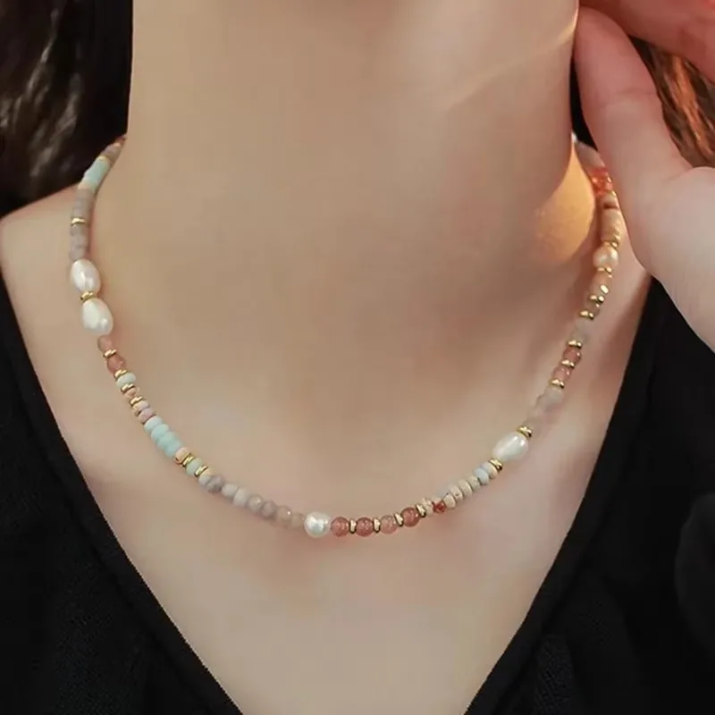 Minar Retro Colorful Natural Stone Crystal Freshwater Pearl Strand Beaded Necklace for Women 14K Real Gold Plated Copper Chokers