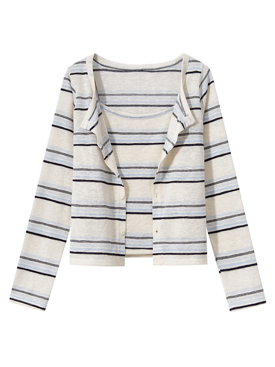 

Women's Spring Knitted Cardigan Sweater Set with Stripe Design Soft Polyester Fiber Long Sleeve round Neck Two-Piece Outfit