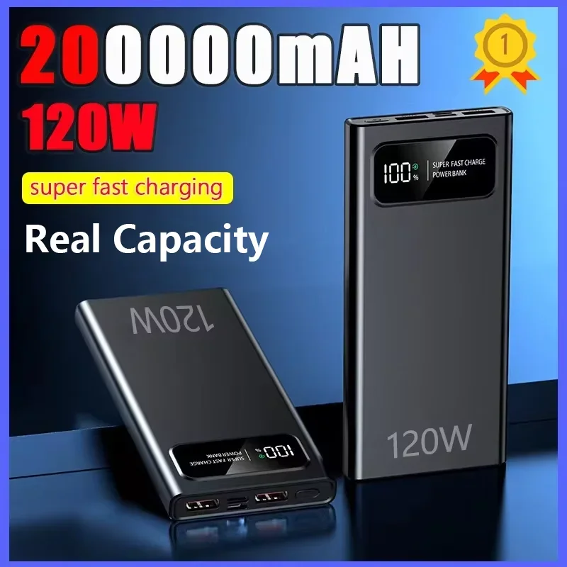 200000mAh Large Capacity Power Bank Fast Charging 120W Power Portable Digital Display External Battery For iPhone Samsung Huawei