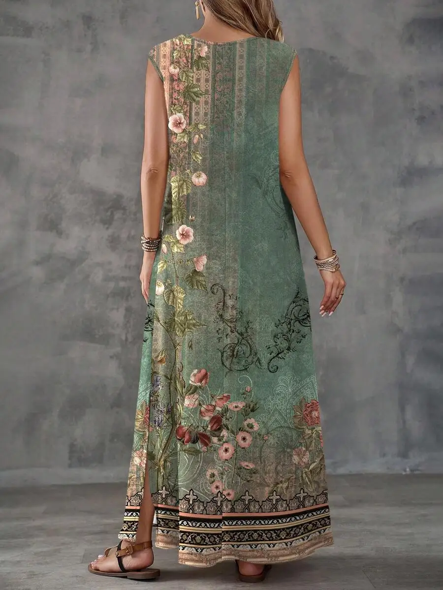 

Plus Size Women Floral Print V-Neck Casual Bohemian Maxi Dress