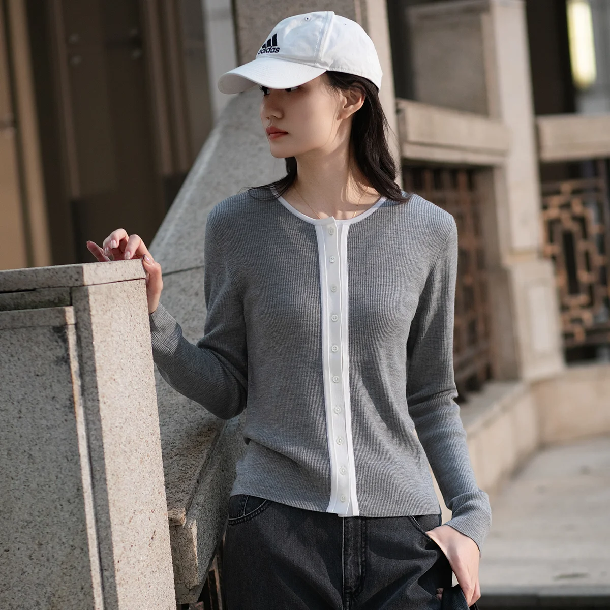

TC896 100% Merino wool high-quality trendy brand color blocked women's spring V-neck long sleeved knitted cardigan