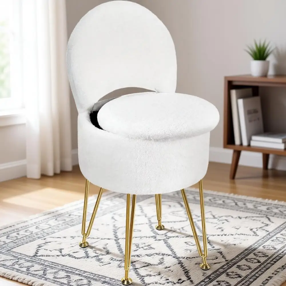 

Белый табурет для туалетного столика с местом для хранения, мягким сиденьем и спинкой для макияжа или спальни, 4 металлические ножки с противоскользящими накладками