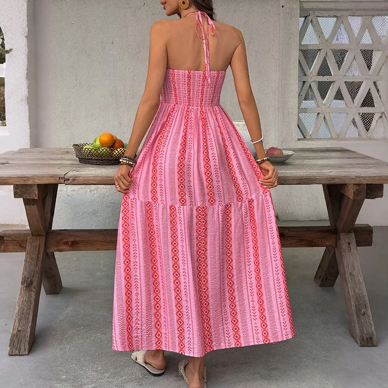 

Summer Dress Women's Halter Neck Long Dresses High Waist Sleeveless Maxi Dress Tie Front Smocked Boho Dress Pink Red Pattern