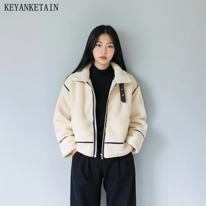 KEYANKETIAN 2025 New Women's Lamb wool jacket Simple style Seam Detail Decoration Double Pockets Thick Warm Blazer Greatcoat Top