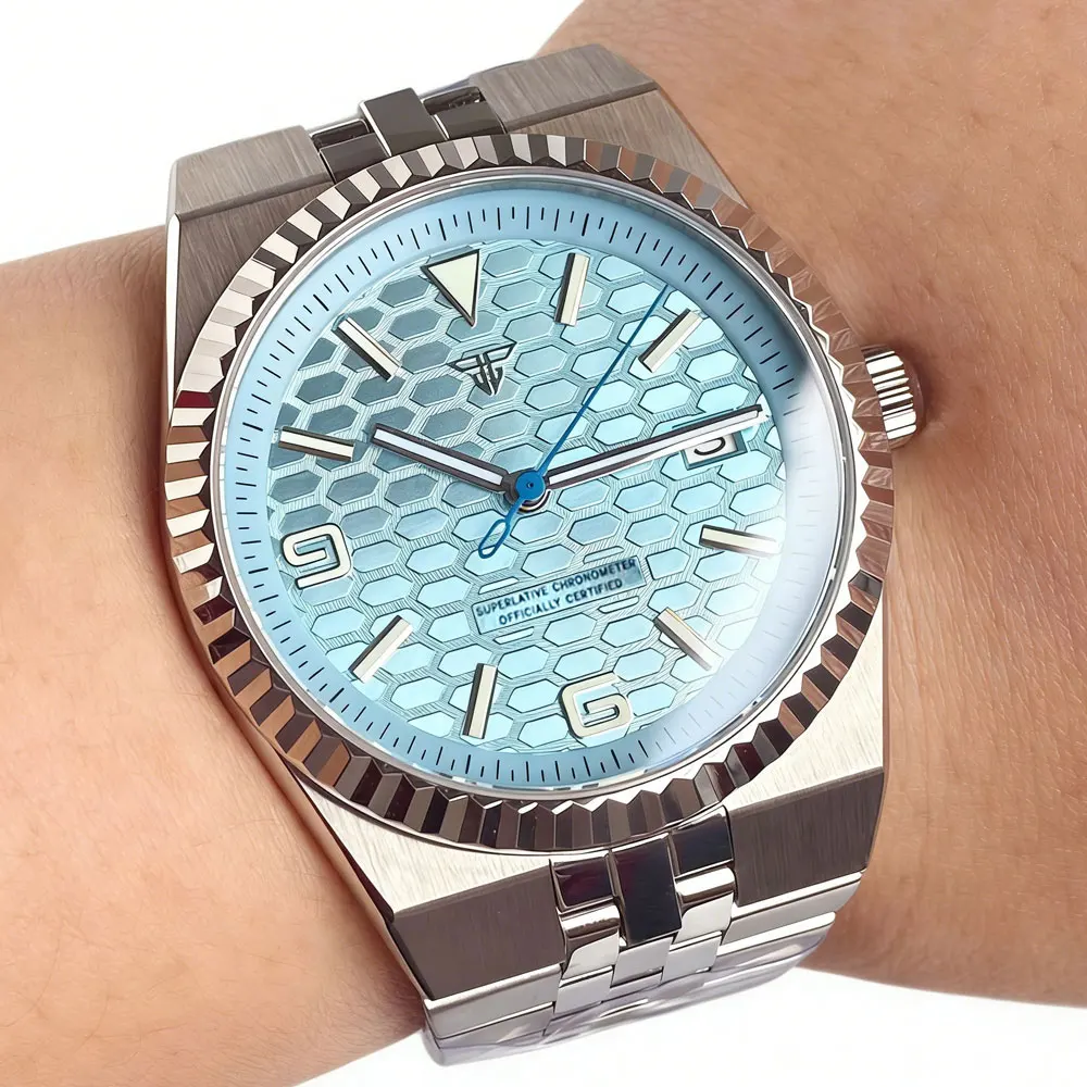 

Мужские часы Tandorio 41 мм, роскошные, с сапфировым стеклом, водонепроницаемые до 200 м, с механизмом NH35, автоматические, механические, спортивные, синего цвета.