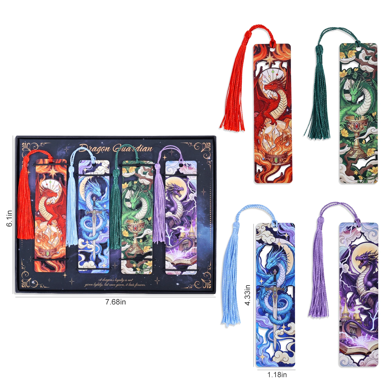 4Pcs Dragon Pattern Wooden Bookmark Set, Fantasy Hollow Bookmarks with Tassels for Students, Teachers, Adults