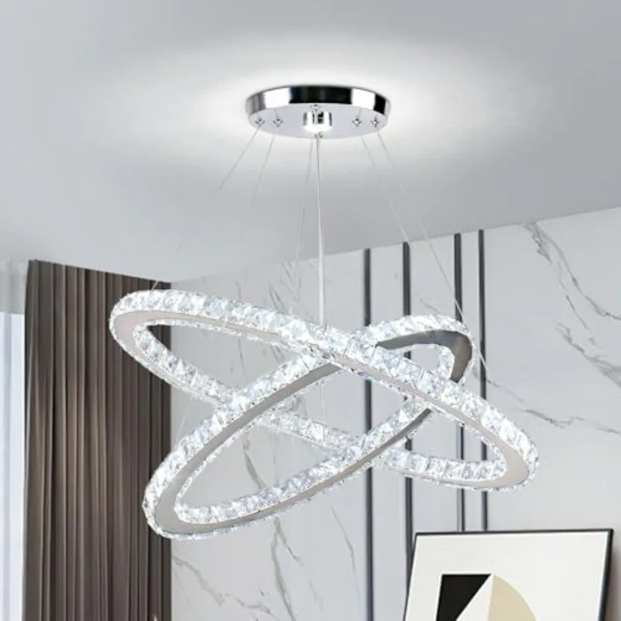 

23.6'' Oval Crystal Chandelier 2-Ring LED Pendant Island Light 6500K Non-Dimmable Modern Ceiling Lighting for Kitchen Island Di