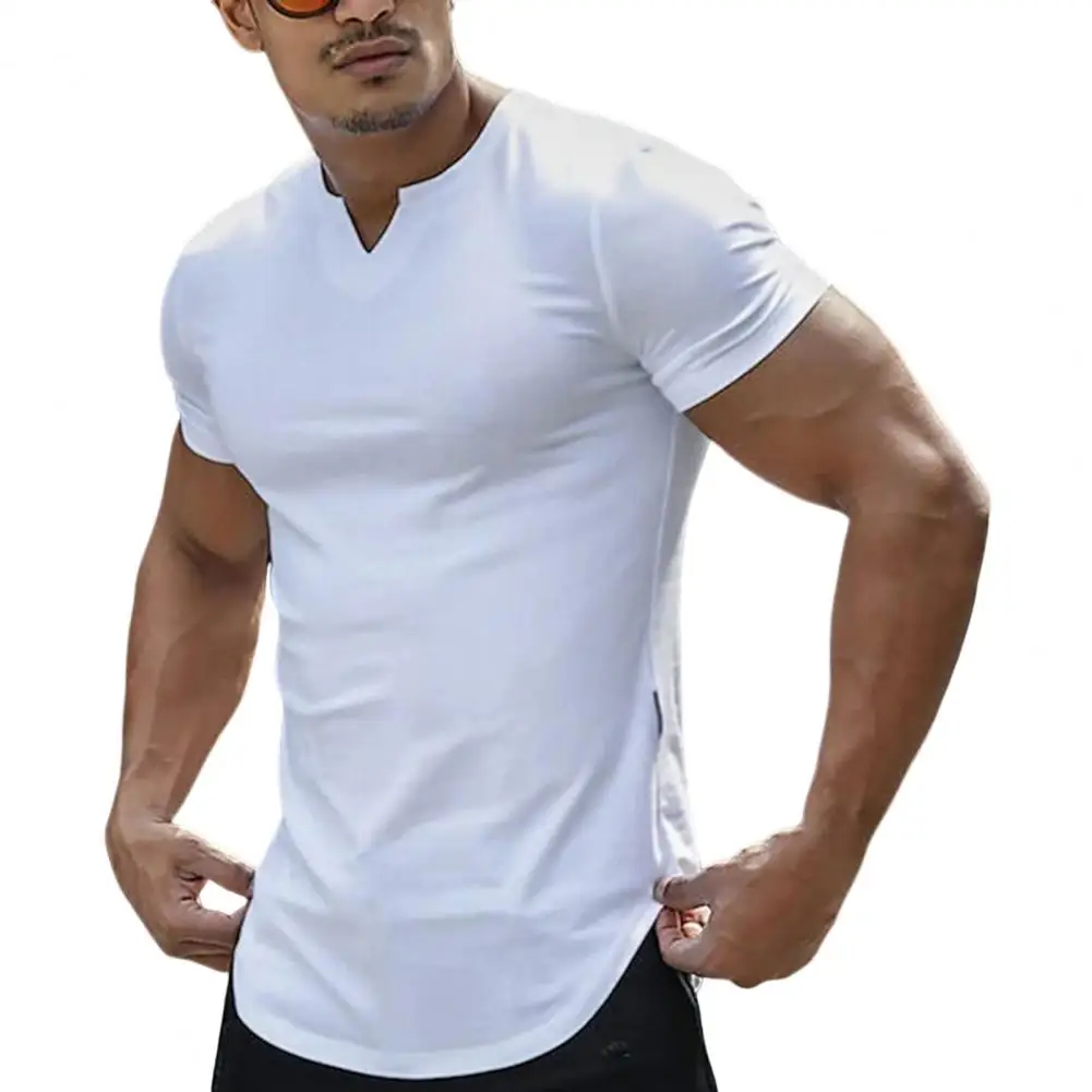 New in Men Tops V Neck Short Sleeve Hem Men T shirt Summer Solid Color Simple Tee Shirt Streetwear