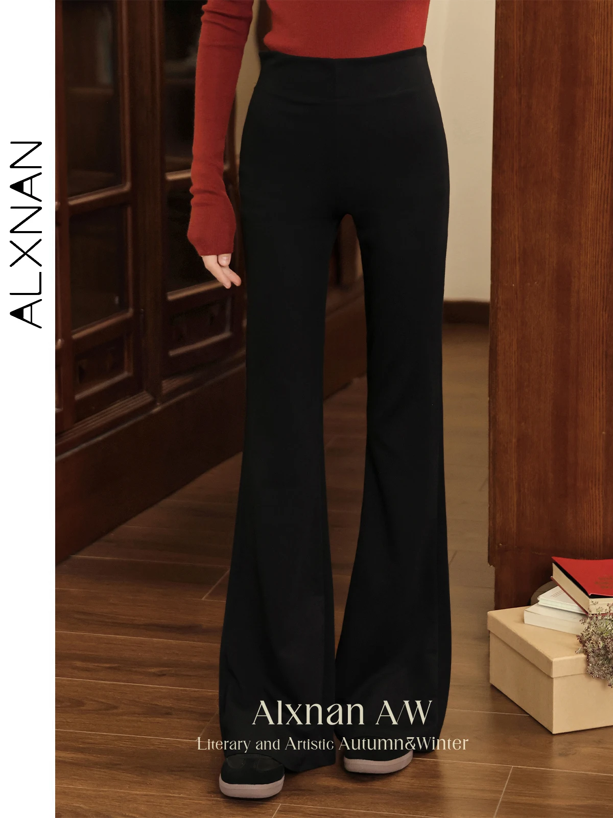 ALXNAN Women's Casual Basics Pants 2024 Autumn Winter New Stretch High Waist Slimming Flare Pants Female Trendy Bottoms L507111