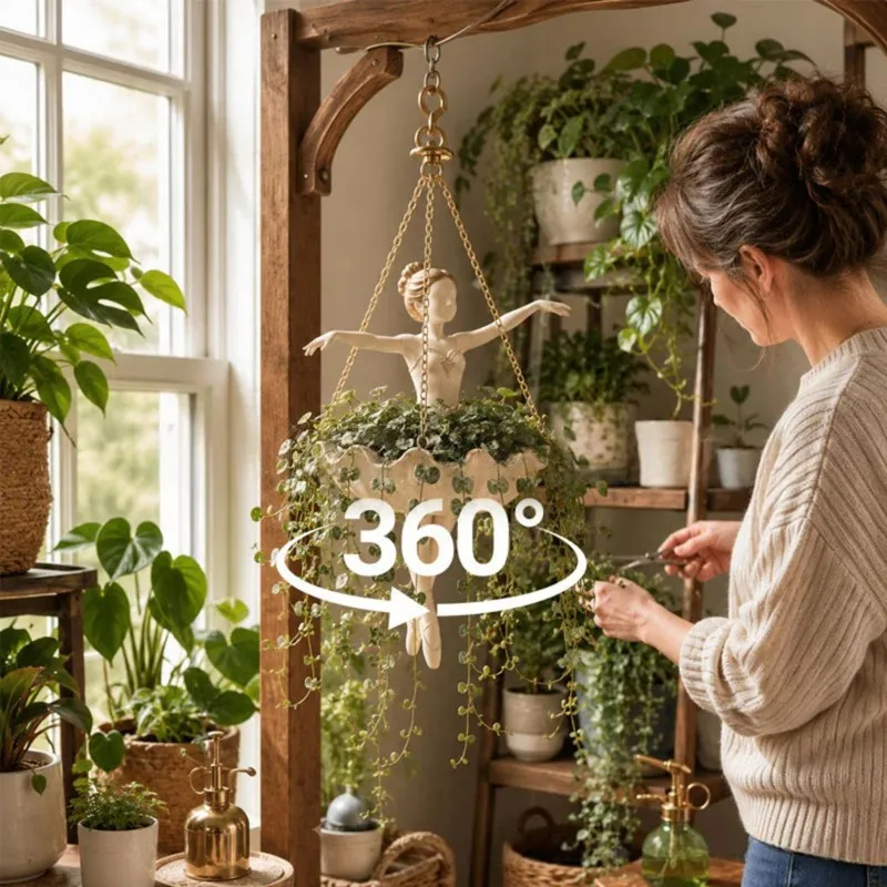 AB41-Resin Indoor Planter Multifunctional Dancer Flower Holder With Top Hook And Three Chains, Decorative Plant Display