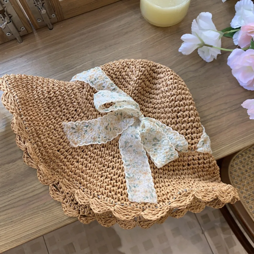 

Sweet Spring Summer Bow Ribbon Straw Hat French Style Foldable Lace Straw Hat Big Brim Beach Women's Sun Hat Outdoor